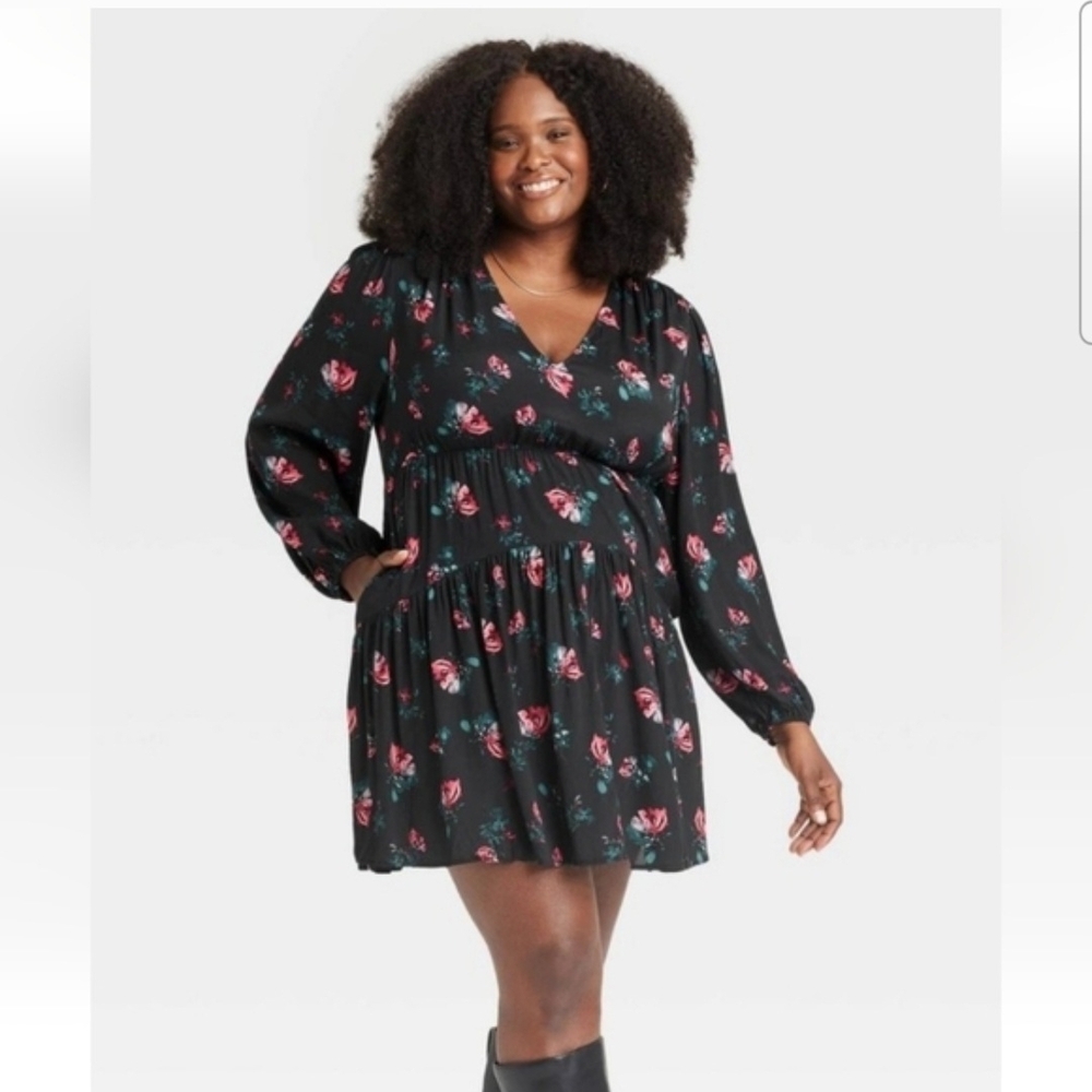 a new day Black Floral V-Neck Dress with Pink & Green Accents